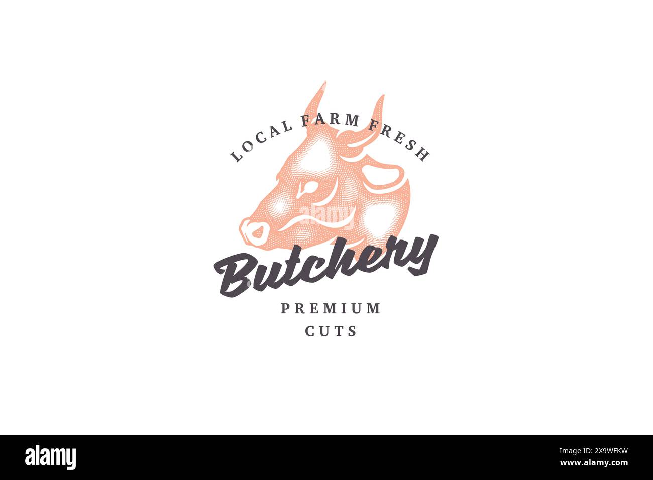 Hand gezeichnetes Logo Kuhkopf Silhouette und moderne Vintage Typografie Retro Stil Vektor Illustration. Logo für Milchmilchemblem, Farm Meat Market PA Stock Vektor