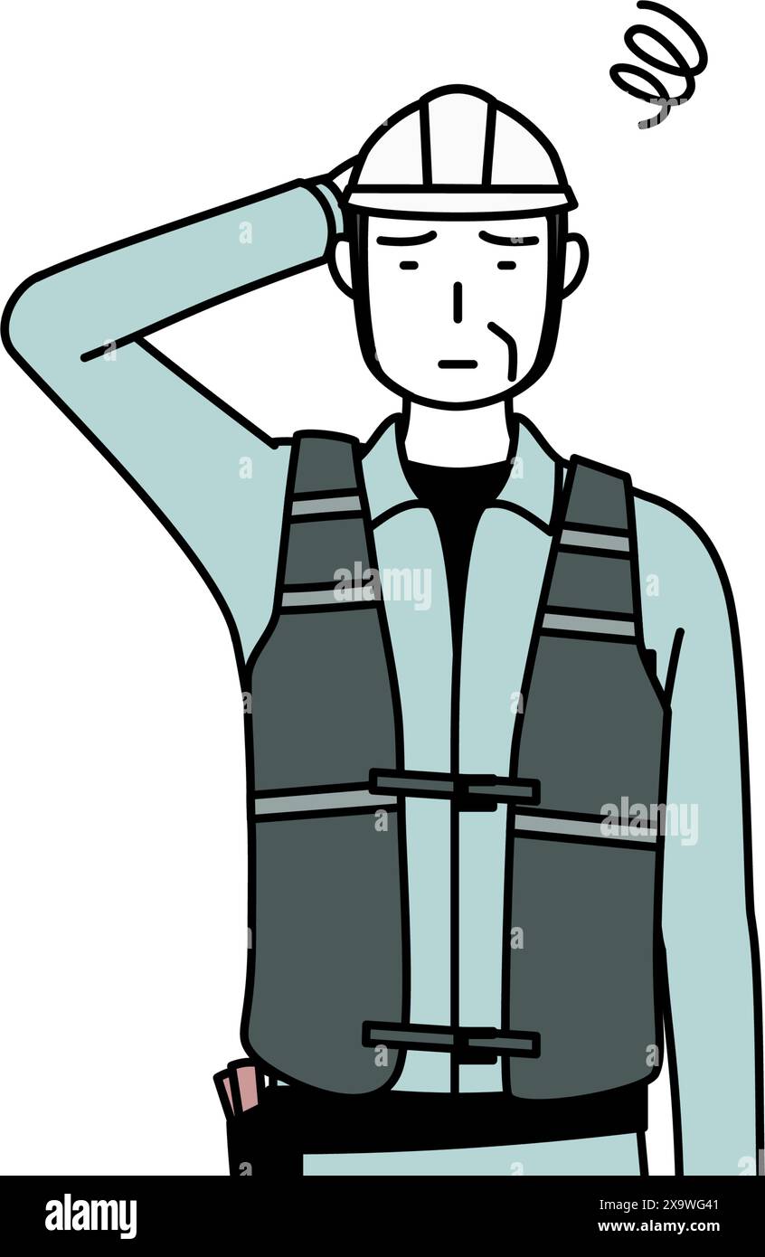 Senior männlicher Ingenieur in Helm und Arbeitskleidung kratzt seinen Kopf in Not, Vektor-Illustration Stock Vektor