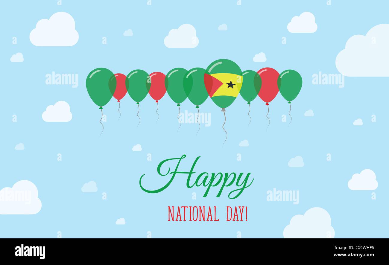 Sao Tome und Principe Independence Day funkelndes patriotisches Poster. Reihe von Ballons in Farben der Sao Tomean Flag. Grußkarte mit Nationalflaggen Stock Vektor