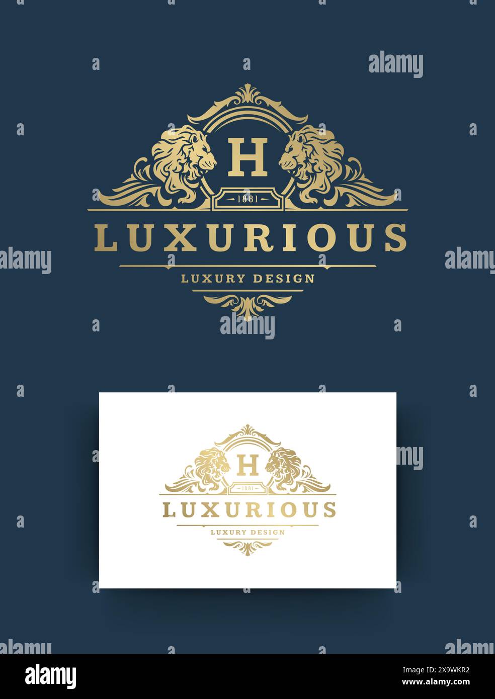 Luxus Logo Monogramm Vorlage Design Vektor Illustration. Vintage-Vignettenschmuck mit Monogramm-Wappen. Lions Head Silhouetten. Stock Vektor