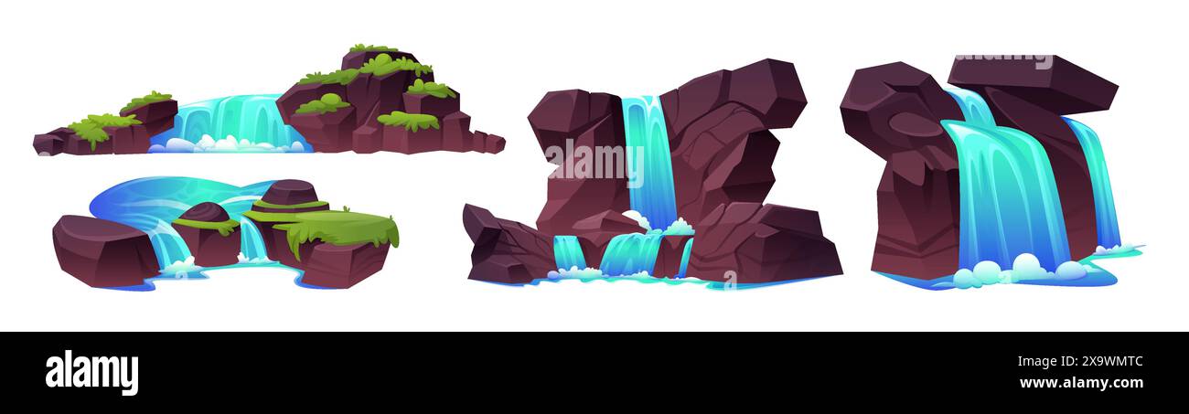 Kaskadenwasserfall auf felsigem Berg mit grünem Gras. Zeichentrickvektor-Illustration Satz von Steinhügeln mit fallendem blauem Wasser des Flusses. Hochwasserstrom ein Stock Vektor