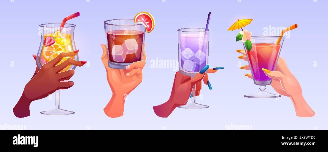 Gläser mit Cocktails in menschlichen Händen. Zeichentrickvektor-Illustration Satz männlicher und weiblicher Arme, die verschiedene Alkoholgetränke in Tassen mit Stroh halten, IC Stock Vektor