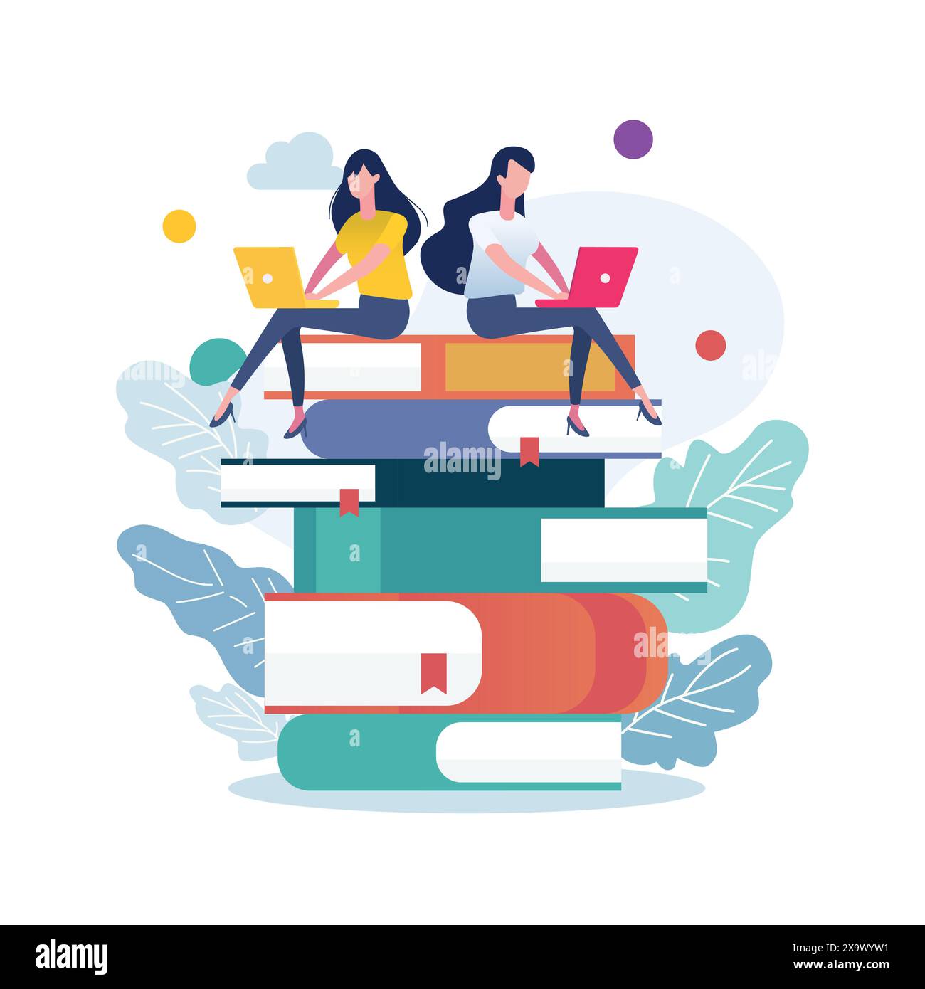 Zwei Frauen in legeren Kleidern arbeiten am Laptop, während sie auf Büchern sitzen. Vektorabbildung mit flachem Stil. Stock Vektor