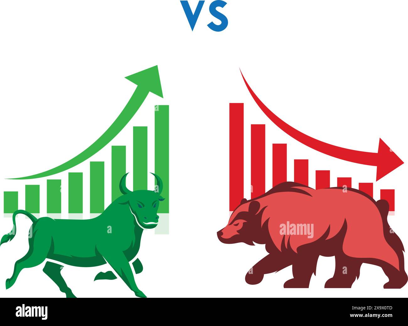 Bullen-gegen-Bären-Symbole für wachsende und fallende Pfeile an der Börse Stock Vektor