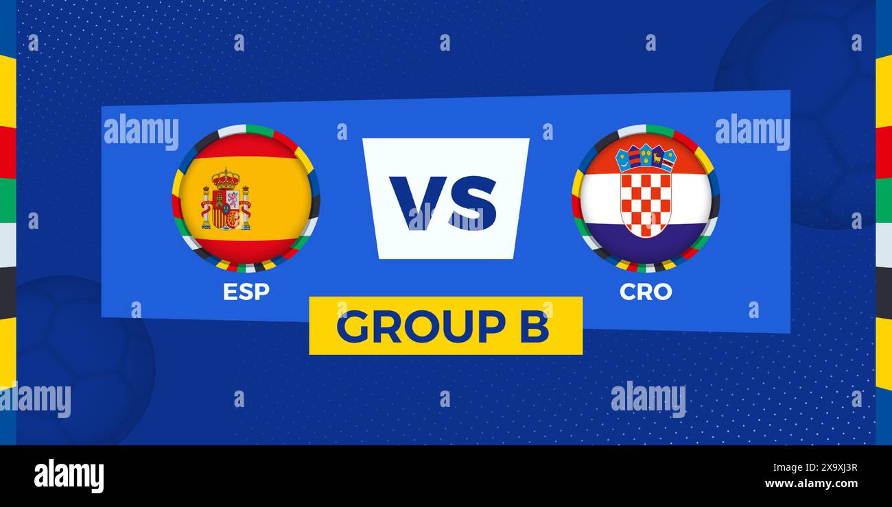 Fußball Spanien gegen Kroatien auf der Gruppenbühne. Fußballwettbewerb-Illustration auf sportlichem Hintergrund. Vektorabbildung. Stock Vektor