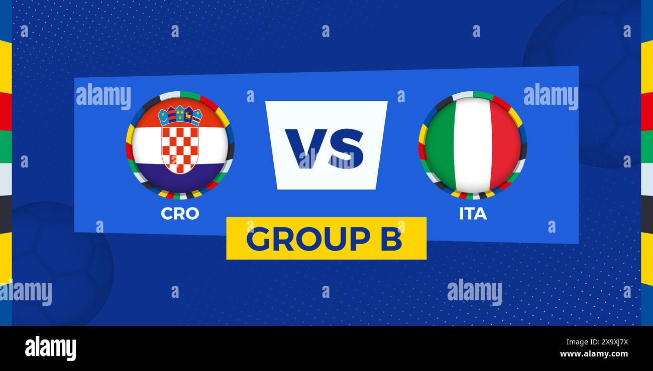 Fußballspiel Kroatien gegen Italien auf der Gruppenbühne. Fußballwettbewerb-Illustration auf sportlichem Hintergrund. Vektorabbildung. Stock Vektor