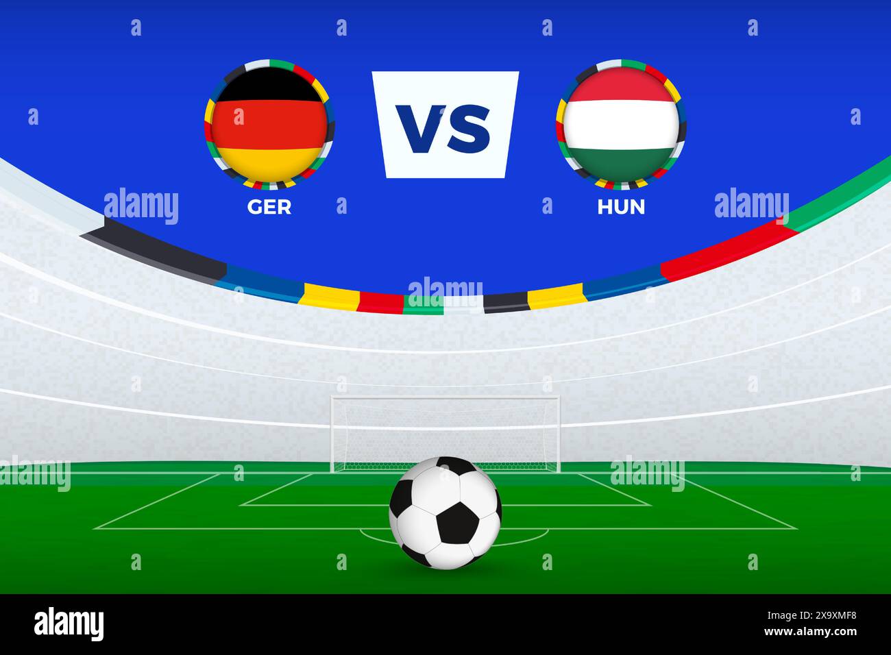 Abbildung des Stadions für das Fußballspiel zwischen Deutschland und Ungarn, stilisierte Vorlage aus dem Fußballturnier. Vektorabbildung. Stock Vektor