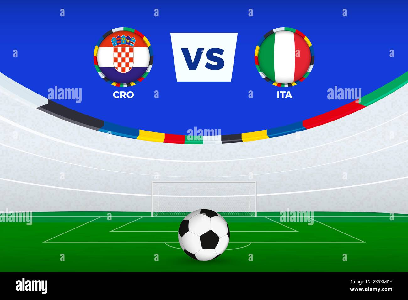 Abbildung des Stadions für Fußballspiele zwischen Kroatien und Italien, stilisierte Vorlage aus Fußballturnier. Vektorabbildung. Stock Vektor