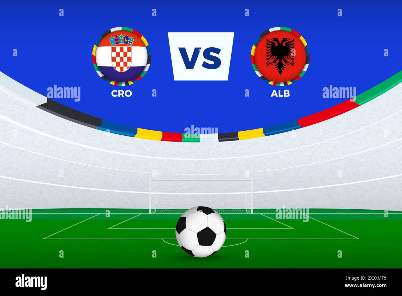 Abbildung des Stadions für Fußballspiele zwischen Kroatien und Albanien, stilisierte Vorlage aus Fußballturnier. Vektorabbildung. Stock Vektor