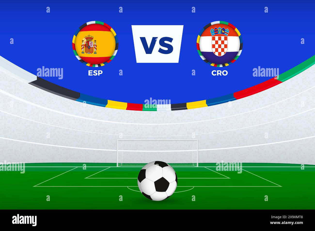 Abbildung des Stadions für Fußballspiele zwischen Spanien und Kroatien, stilisierte Vorlage aus Fußballturnier. Vektorabbildung. Stock Vektor