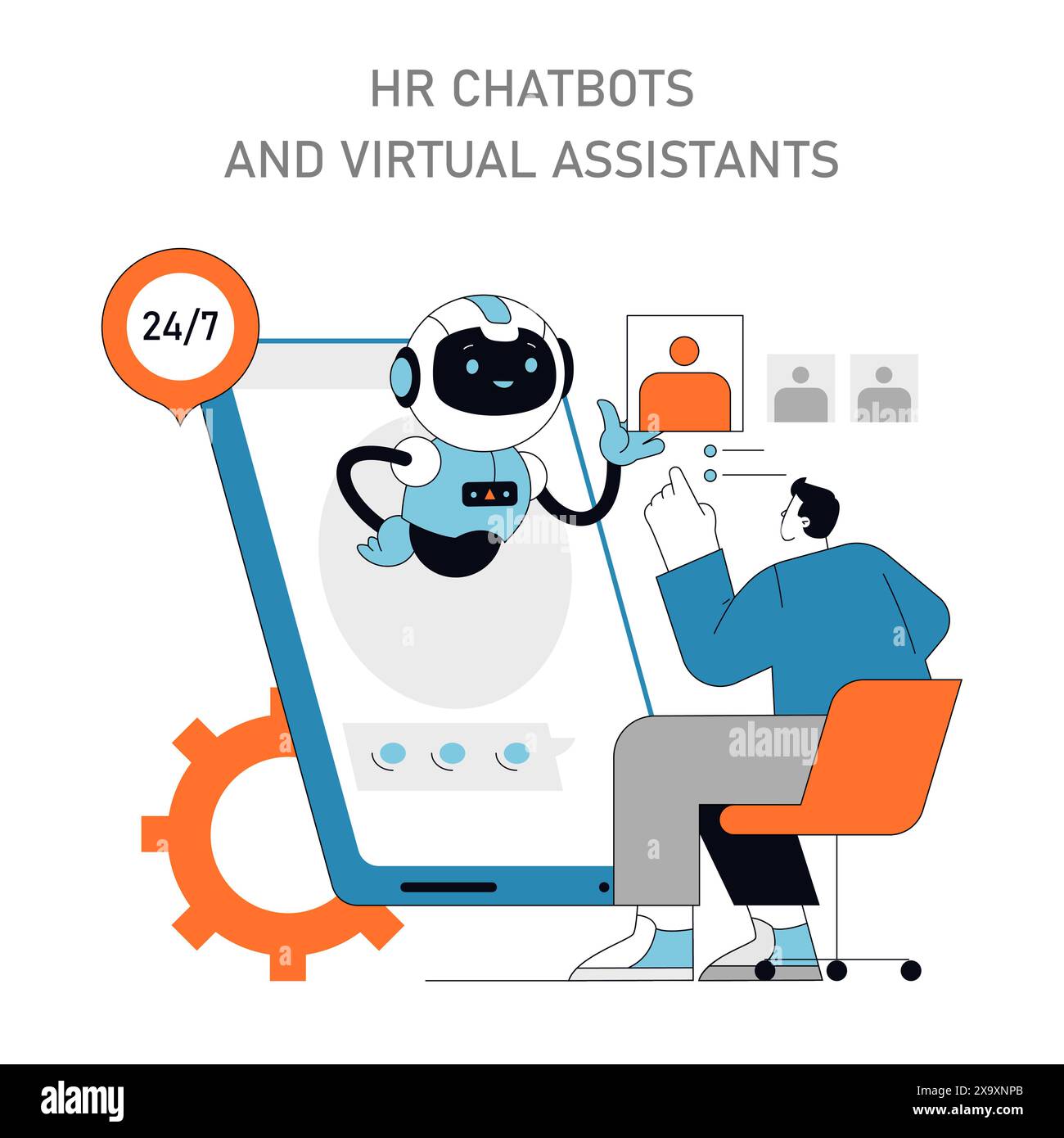 HR Chatbots und Virtual Assistants Konzept rund um die Uhr Roboter-Helpdesk, der HR-Services mit integrierter KI für Mitarbeiterunterstützung bereitstellt Vektor-Illustration Stock Vektor