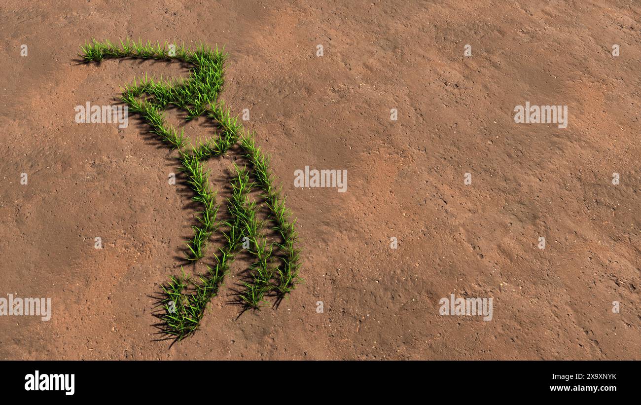 Konzept- oder konzeptionelle grüne Sommer-Rasen-Symbolform auf braunem Boden oder Erdgrund, ein Golfspielerbild. Eine 3D-Illustration für spor Stockfoto