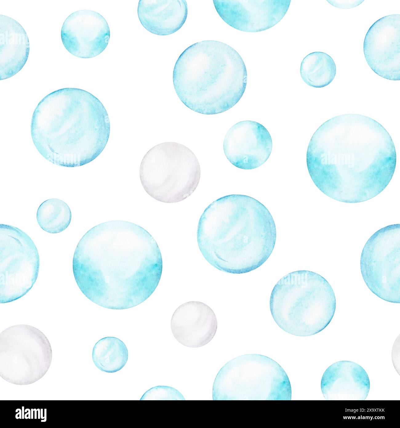 Blaue Luftblasen nahtloses Muster. Meereskorallenrifftapete. Handgezeichnete Aquarellillustration isoliert auf weißem Hintergrund. Textildesign Stockfoto
