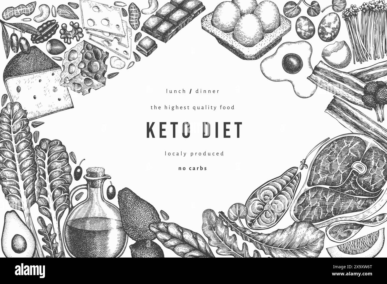 Keto Diet Design-Vorlage. Vektor Hand Gezeichnetes Gesundes Lebensmittel Banner. Illustration Des Ketogenen Menüs Im Vintage-Stil. Stock Vektor