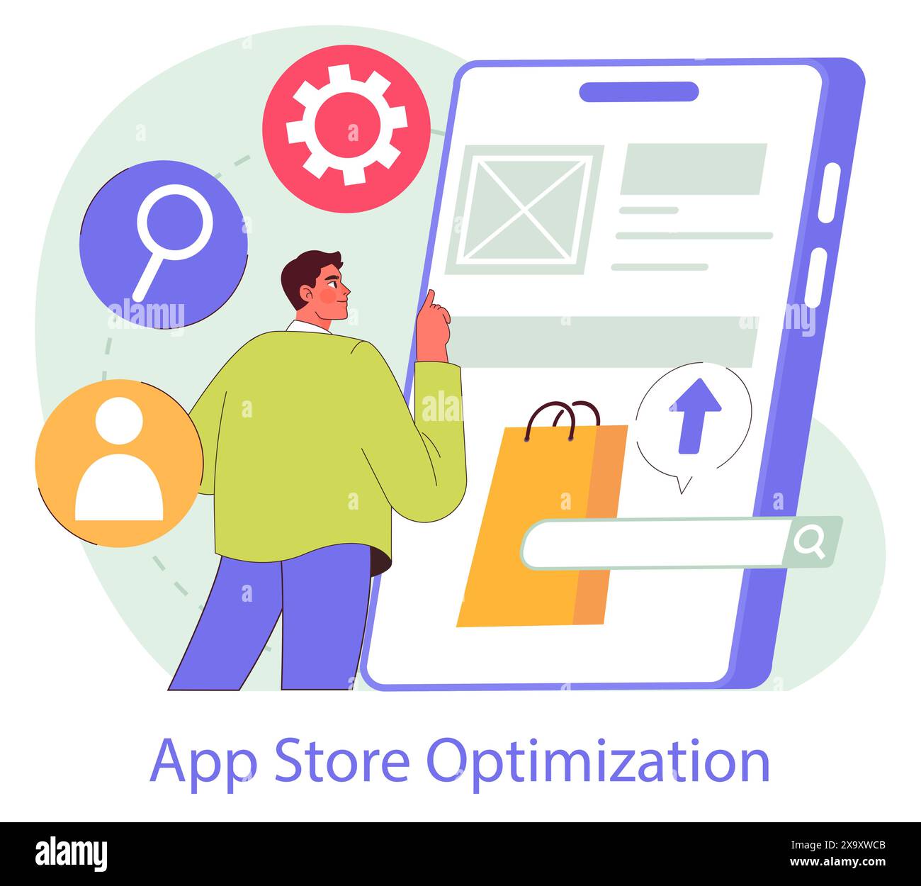 Mobiles Marketing-Konzept. Strategien für die Optimierung von App-Stores mit gezielter Benutzerinteraktion. Suchverbesserung, Profilverwaltung. Vektorabbildung. Stock Vektor