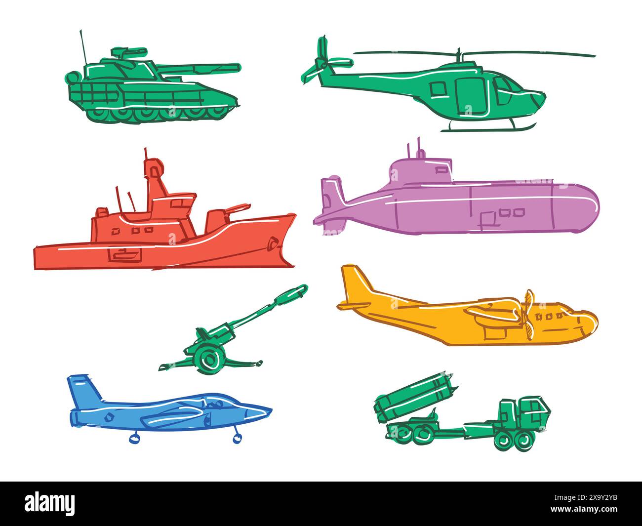 Farbenfrohe Militär Armee Krieg Fahrzeug Set Sammlung Handzeichnung Flugzeug Panzer Schlachtschiff U-Boot Hubschrauber Stock Vektor