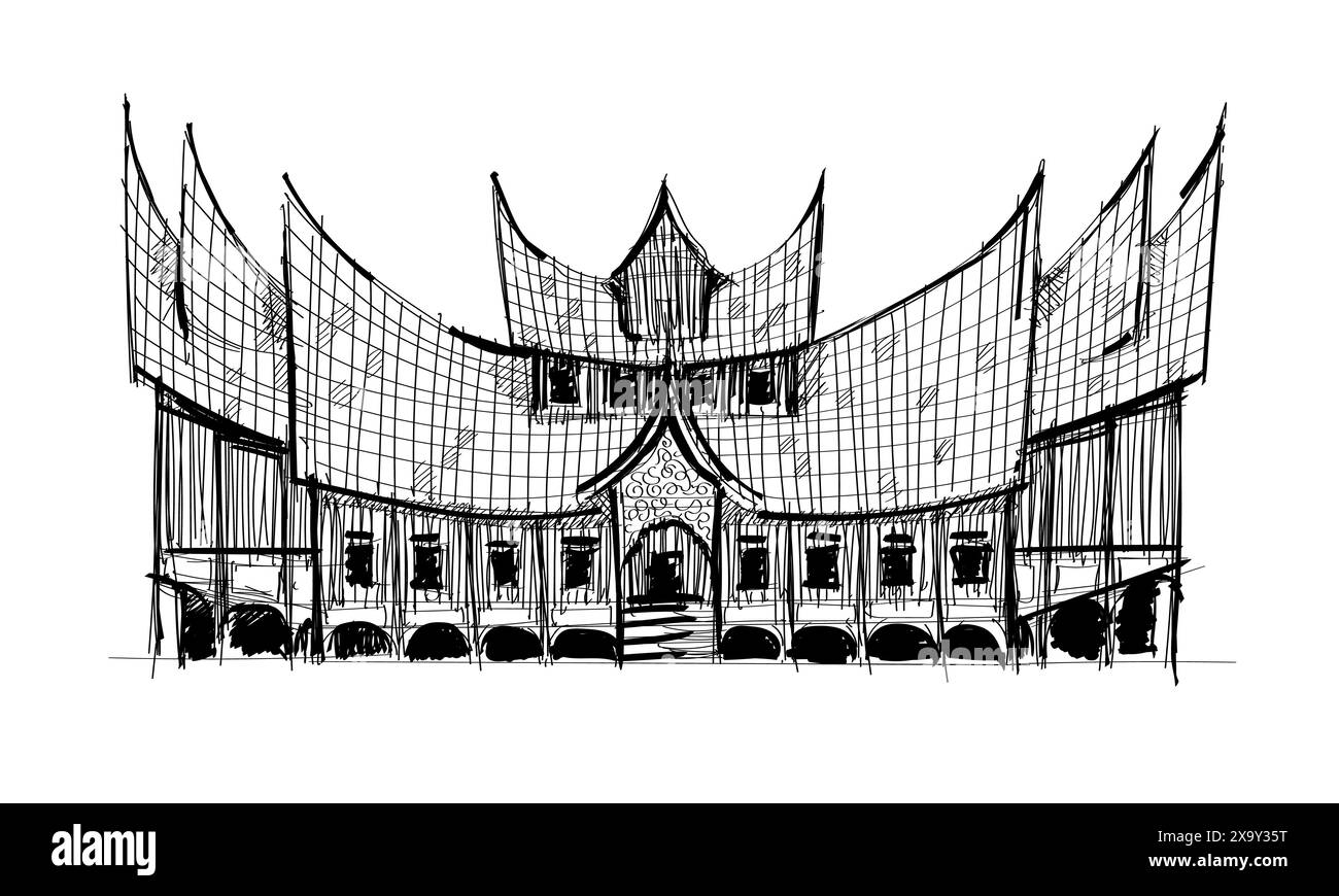 Rumah Gadang Minang padang handgezeichnet schwarz-weiß handgezeichnet Illustration minangkabau traditionelles Haus Stock Vektor