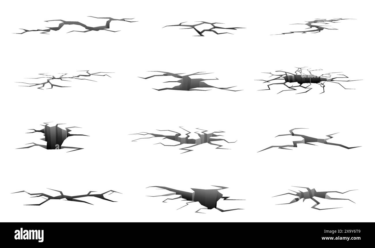 Erdungsrisse. Erdbeben- oder Dürreeffekte. Trennfläche. Tiefe 3D-Bohrungen. Beschädigte Masse. Risse an der Wand oder dem Boden aus Beton. Zerstörungsspalten Stock Vektor