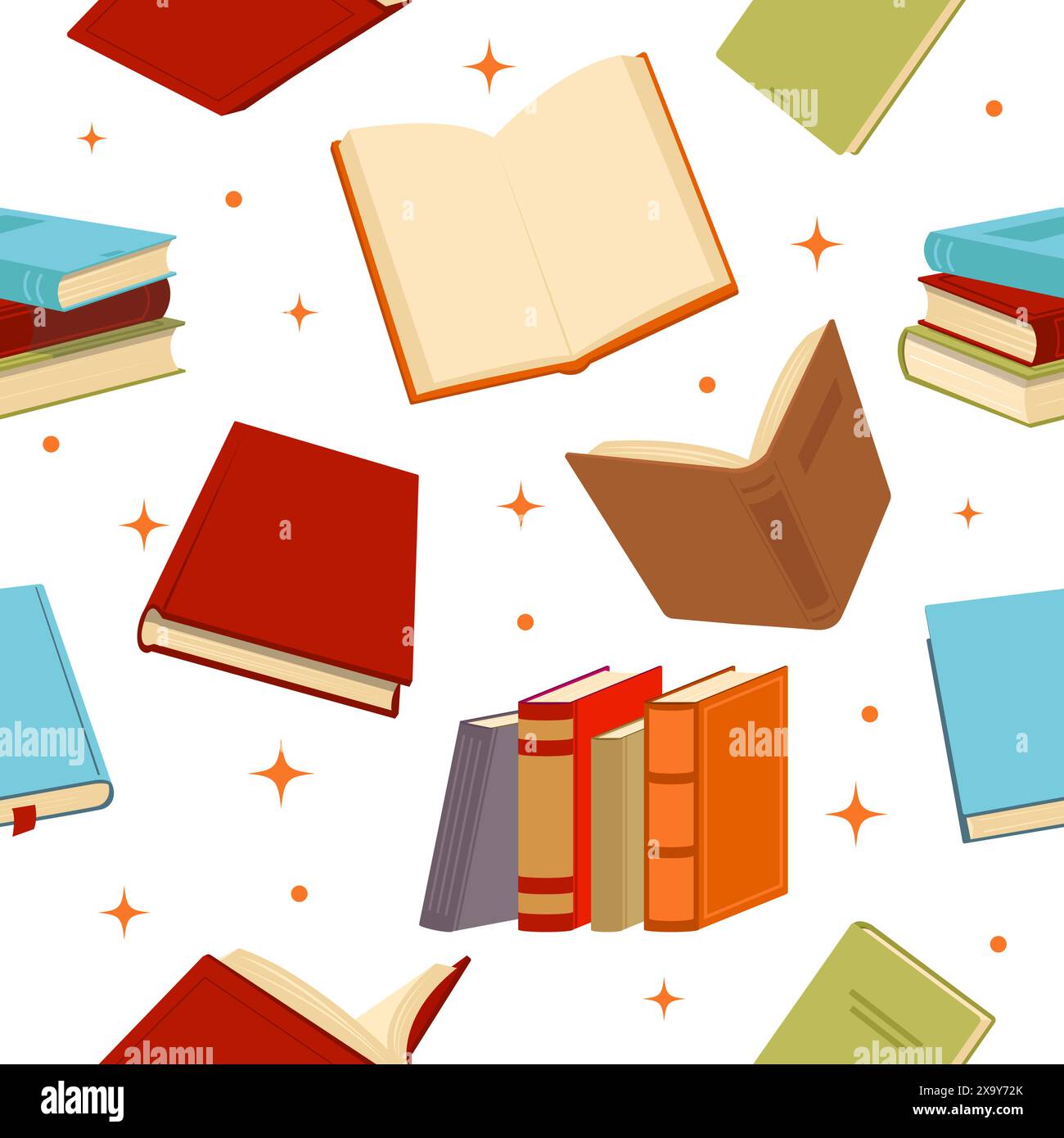 Nahtloses Buchmuster. Fiktion und pädagogische Literaturbände. Wiederholter Druck. Offene und geschlossene Papierseiten. Lehrbücher stapeln. Hardcover-Leder Stock Vektor