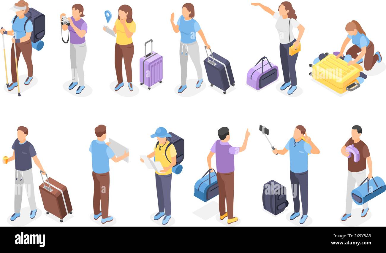 Isometrische Touristen mit Gepäck. Die Menschen reisen mit Rucksack und Taschen, wandern und Urlaub. Isolierte Männer Frauen mit Koffern, makelloses Vektorset Stock Vektor