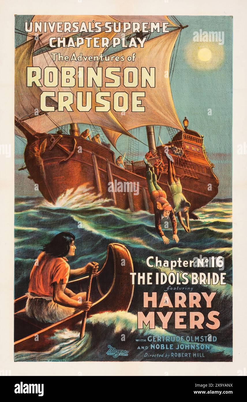 Altes Filmplakat - die Abenteuer von Robinson Crusoe (Universal, 1922) Kapitel 16, die Idols Braut - Kunststück Harry Myers, Gertrude Olmsted und Noble Johnson Stockfoto