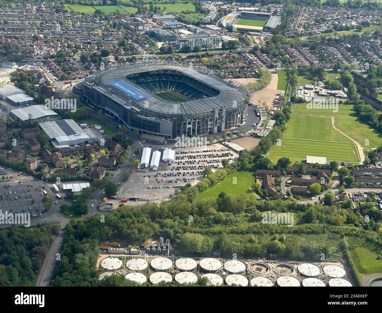 Over London, UK - Twickenham, Middx, UK, 9. Mai, 2024 Blick aus der Vogelperspektive über das Twickenham Rugby Stadium, twickenham, Middlesex, Großbritannien Stockfoto