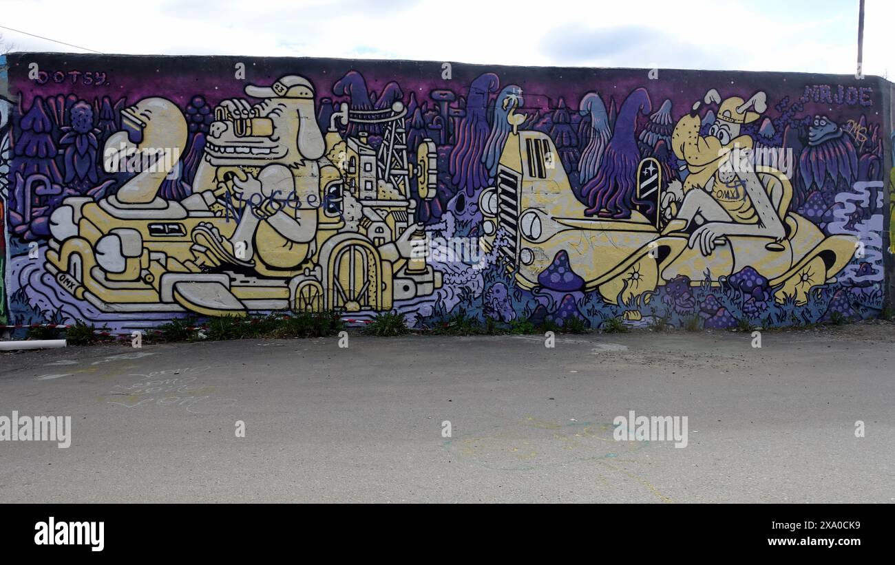Stockholm, Snosatra, Schweden. Mai 2024. Frühjahrsbiest. Graffiti-Ausstellung am Stadtrand. Anthropomorph. Stockfoto