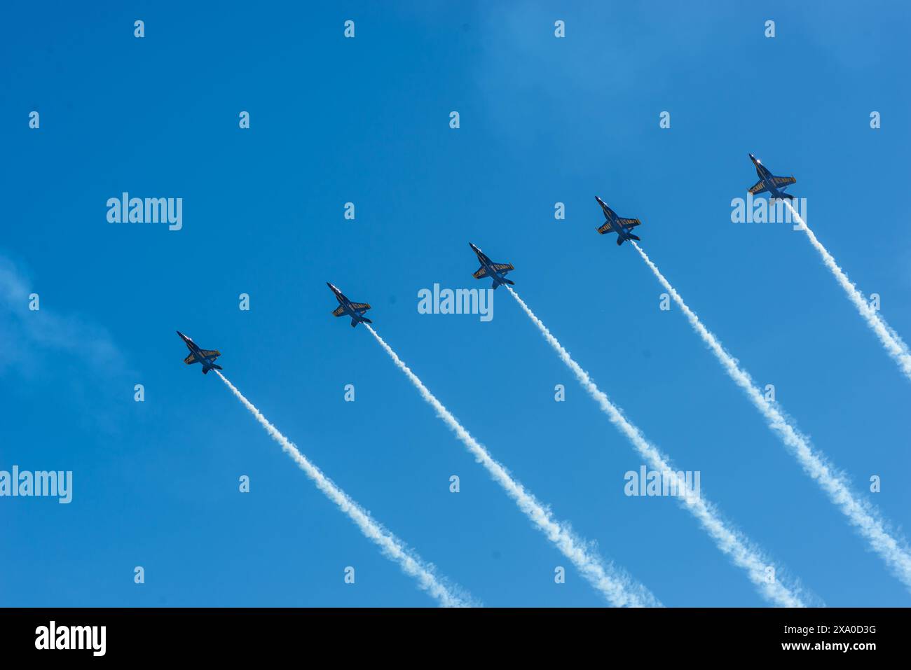 Die Blue Angels fliegen mit der FA-18 Super Hornet in den Himmel Stockfoto