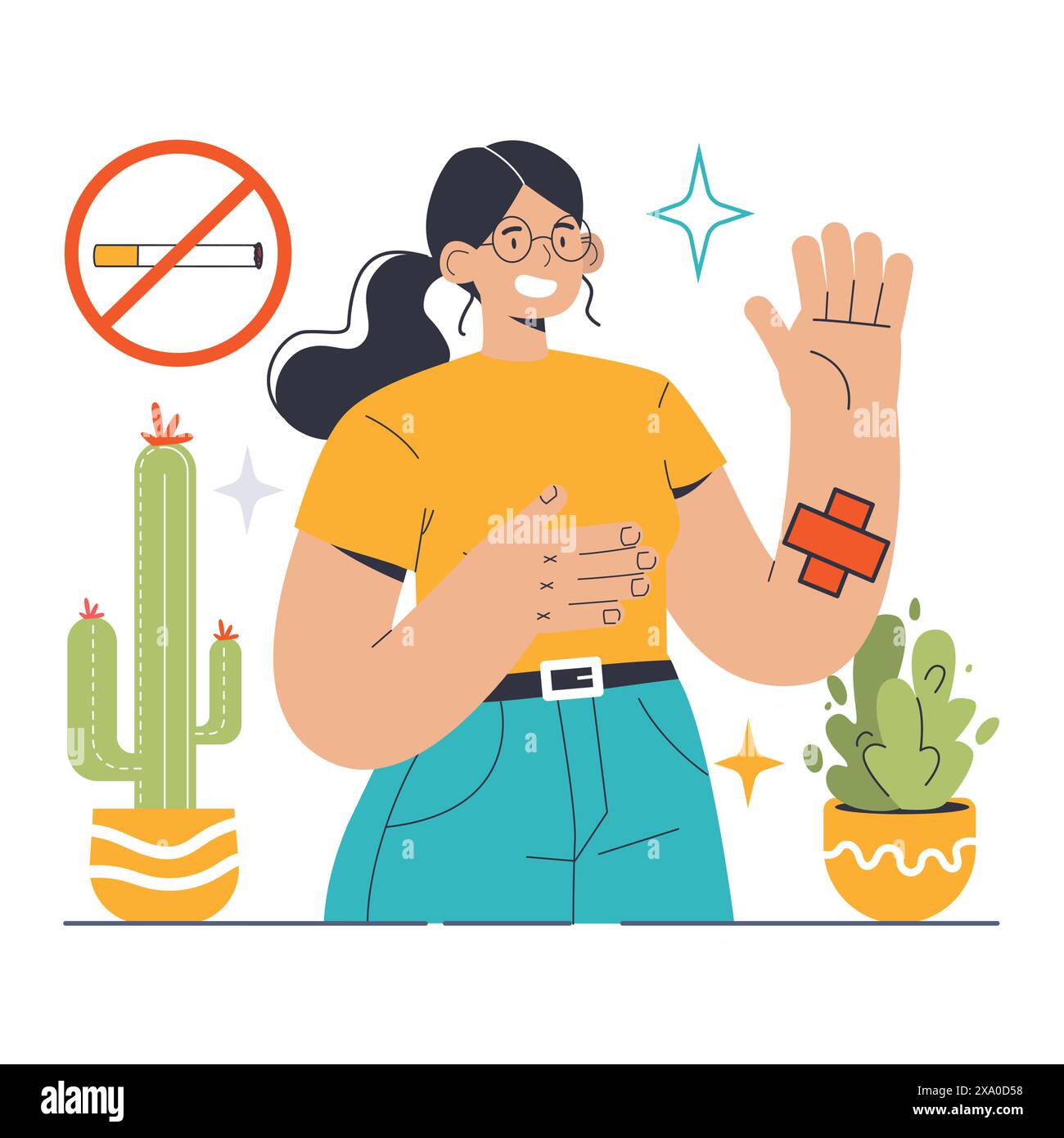 Arrhythmie-Konzept. Besorgte Frau mit unregelmäßigem Herzschlagsymbol, die Herzalarm betont. Herzerkrankungen verstehen, rechtzeitige Intervention suchen, Gesundheitsbewusstsein. Illustration des flachen Vektors Stock Vektor