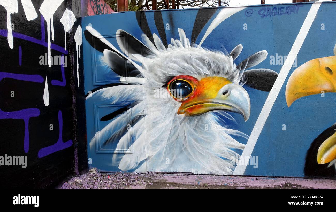 Stockholm, Snosatra, Schweden. Mai 2024. Frühjahrsbiest. Graffiti-Ausstellung am Stadtrand. Raptor. Stockfoto