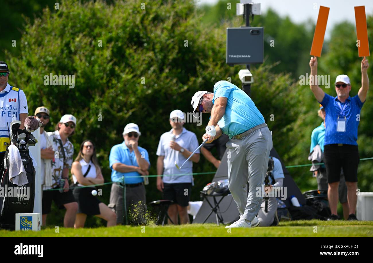 Toronto, Ontario, Kanada. Juni 2024. RYAN FOX aus Neuseeland trifft seinen Abschlag während der dritten Runde der RBC Canadian Open 2024 im Hamilton Golf and Country Club. (Kreditbild: © Jeff Vogan/ZUMA Press Wire) NUR REDAKTIONELLE VERWENDUNG! Nicht für kommerzielle ZWECKE! Stockfoto