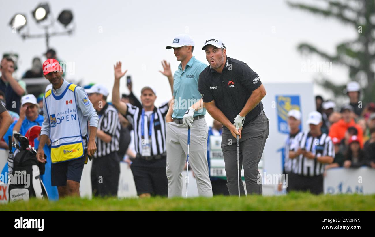 Toronto, Ontario, Kanada. Juni 2024. RYAN FOX aus Neuseeland reagiert, nachdem er seinen Abschlag auf dem 13. Loch „The Rink“ in der Finalrunde der RBC Canadian Open 2024 im Hamilton Golf and Country Club getroffen hat. FOX schoss in der Finalrunde 70 (E) und belegte den siebten Platz. (Kreditbild: © Jeff Vogan/ZUMA Press Wire) NUR REDAKTIONELLE VERWENDUNG! Nicht für kommerzielle ZWECKE! Stockfoto