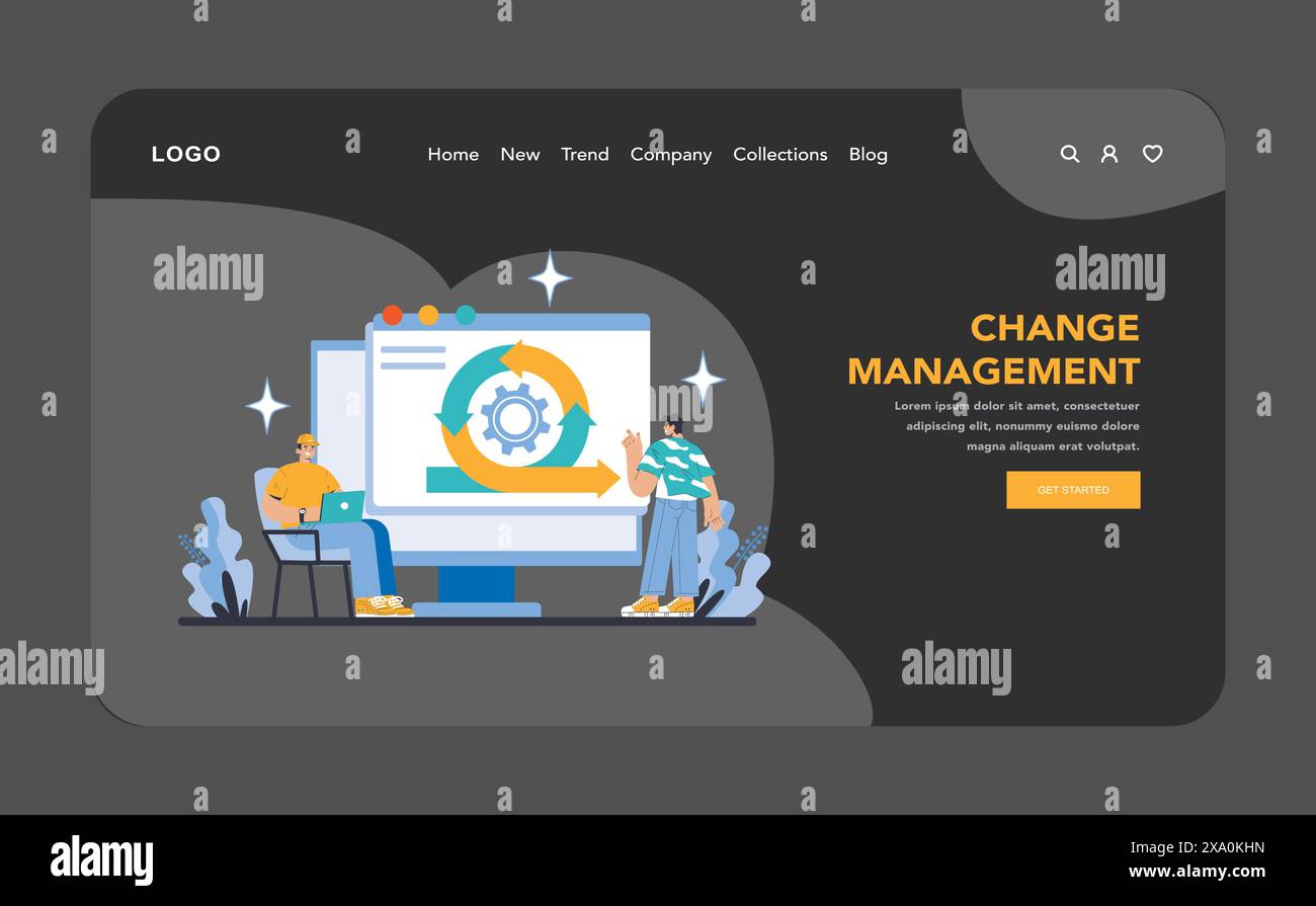 Strategie- und Management-Web- oder Landing-Page im Nacht- oder Dunkelmodus. Experten, die organisatorisches Änderungsmanagement leiten. Umsetzung der Transformation, Förderung der Anpassungsfähigkeit und Gewährleistung der Kontinuität. Stock Vektor