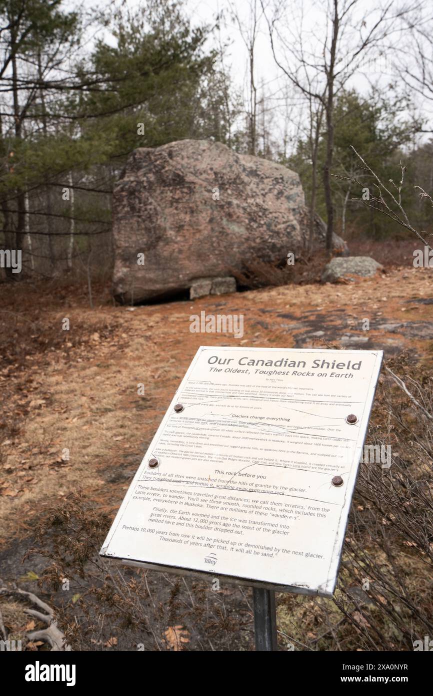 Ein Schild erklärt den Canadian Shield mit einem großen Granitfelsen im Torrance Barrens Dark Sky Preserve Stockfoto