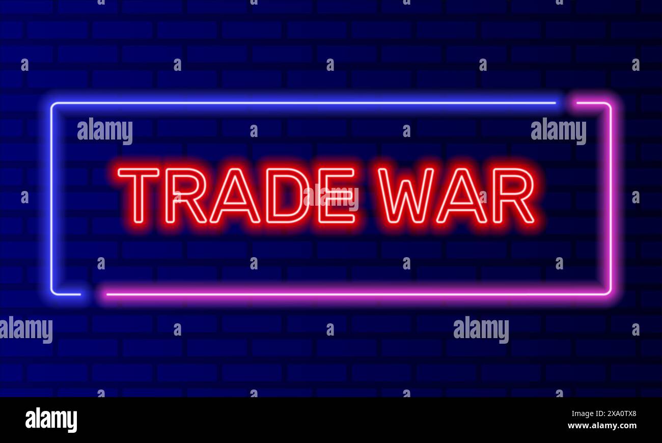 Neonzeichen Handelskrieg in Sprechblase Rahmen auf Backsteinmauer Hintergrund Vektor. Helles Banner auf dem Hintergrund der Wand. Handelskrieg Button usa und china Stock Vektor