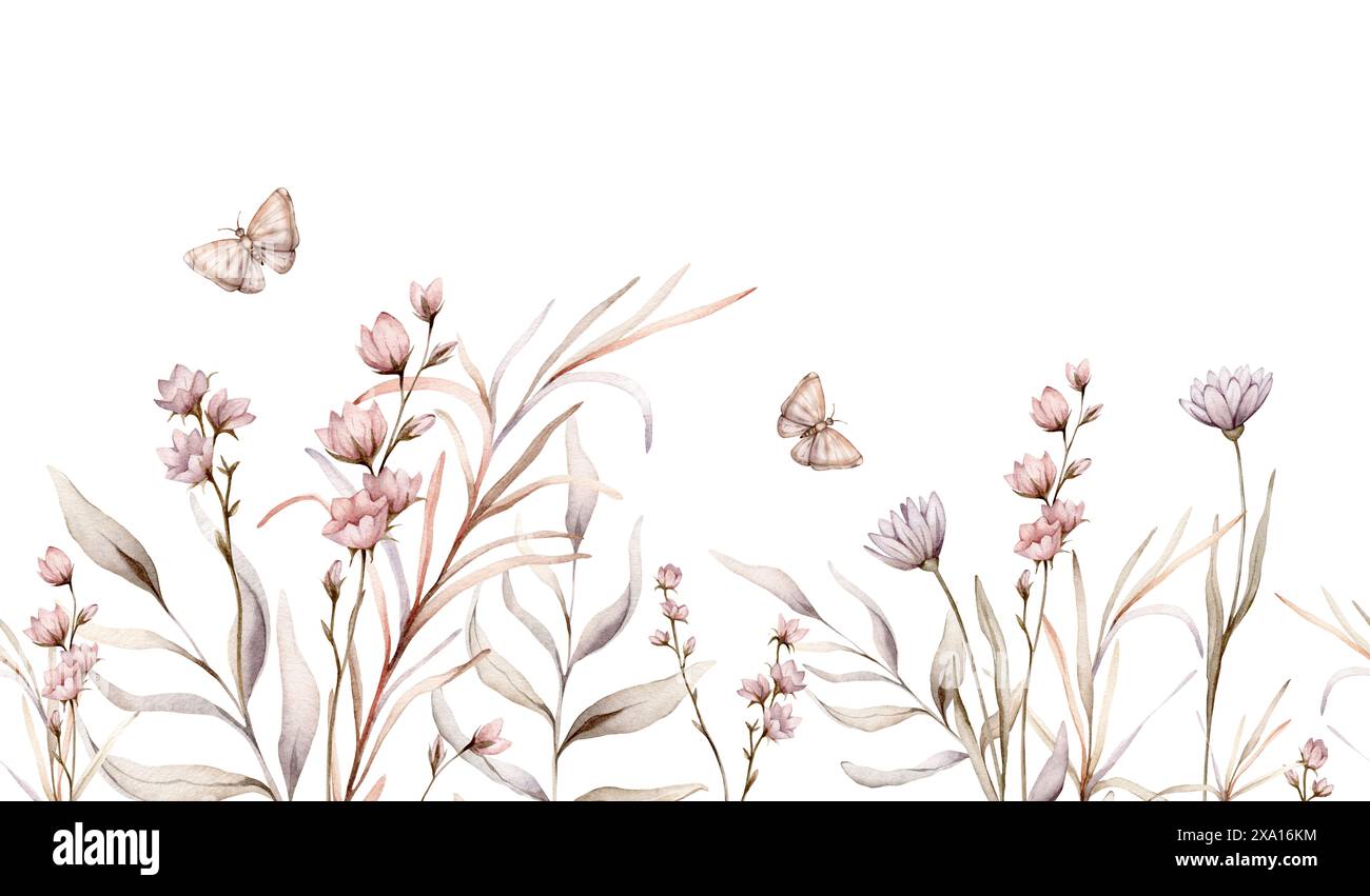 Nahtloser Aquarellrand mit rosa und lila Blumen und Blättern im Vintage-Stil. Nahtloses Banner mit Pflanzen und Schmetterlingen in ruhigen Pastellfarben Stockfoto