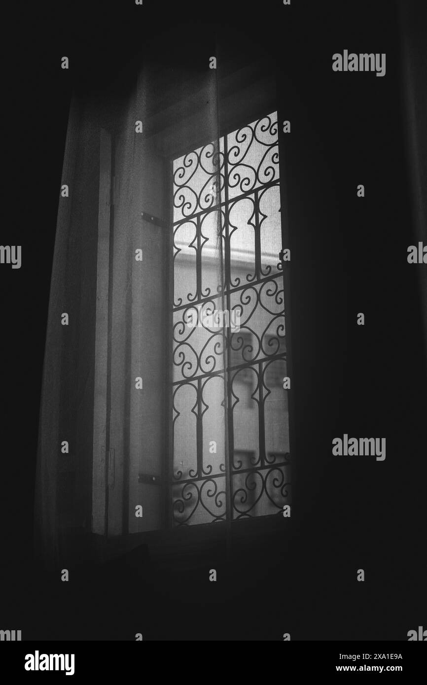 Schwarz-weiß-Foto eines Fensters mit einem schmiedeeisernen Zaun davor. Das Fenster hat mehrere kleine Fenster. Stockfoto