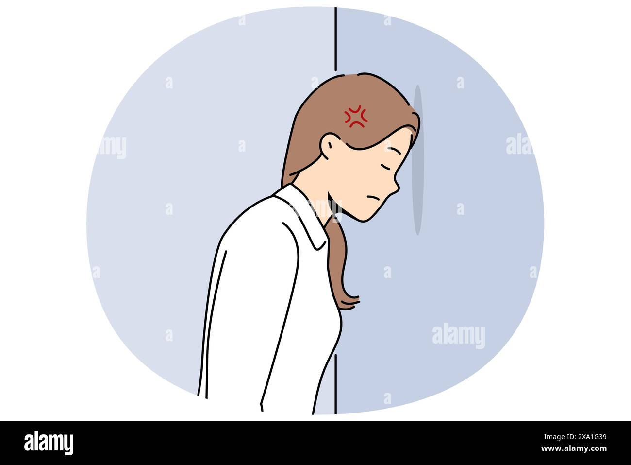 Frau schlägt Kopf gegen Wand wegen psychischer Probleme oder Fehlschlägen im Privatleben. Das Mädchen steht mit geschlossenen Augen und erfindet Wege, Probleme zu lösen, die entstanden sind und moralische Unterstützung benötigen. Stock Vektor