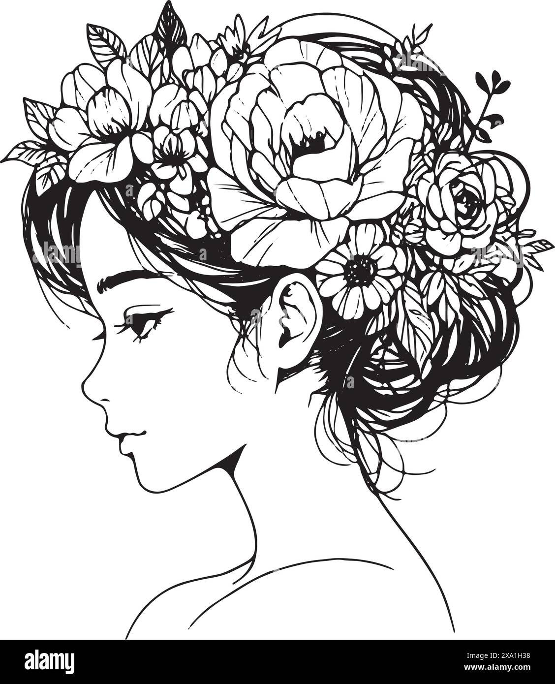 Schwarz-weiß, lineares Kunstwerk mit einer jungen Frau, die ihre Haare zurückgezogen hat und Blumen in der Frisur hat Stock Vektor