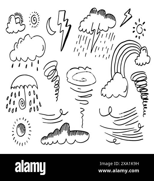 Sammlung handgezeichneter Kritzeleien – Wettersymbole auf weißem Hintergrund. Stock Vektor