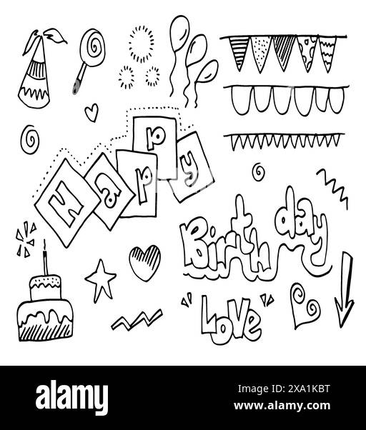 Handgezeichnete Zeichentrickobjekte und Symbole auf der Geburtstagsparty. Stock Vektor