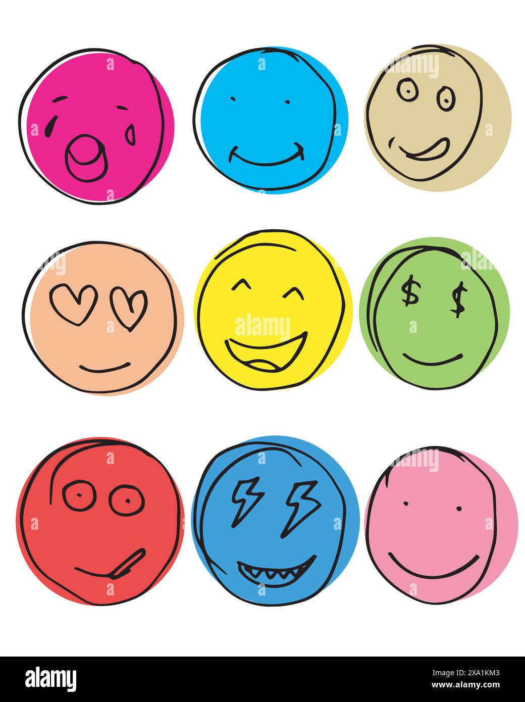 Hand gezeichnetes Emoticon Set, Vektor auf weißem Hintergrund. Stock Vektor