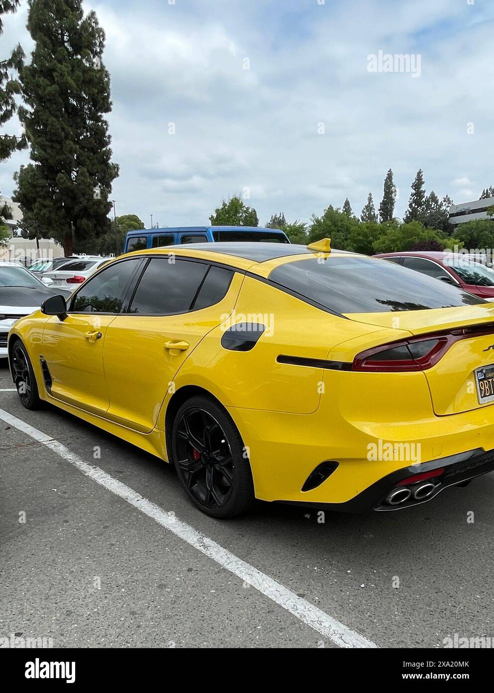 Ein leuchtend gelber Stinger GT Sportwagen mit schwarzen Zierstreifen, getönten Fenstern und einem 4-türigen Parkhaus Stockfoto