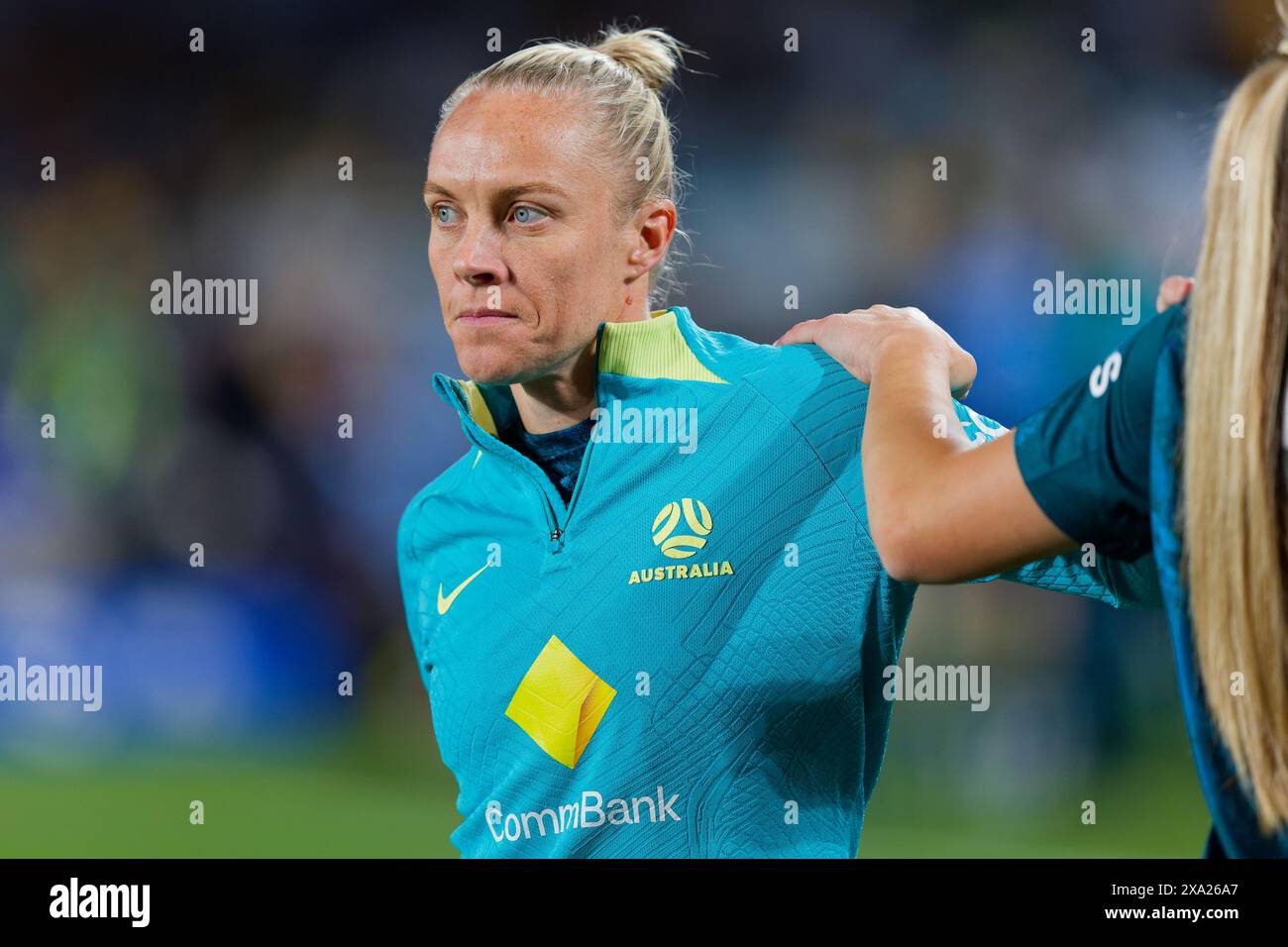 Sydney, Australien. Juni 2024. Tameka Yallop aus Australien wärmt sich vor dem internationalen Freundschaftsspiel zwischen Australien und China PR am 3. Juni 2024 im Accor Stadium in Sydney, Australien. Credit: IOIO IMAGES/Alamy Live News Stockfoto