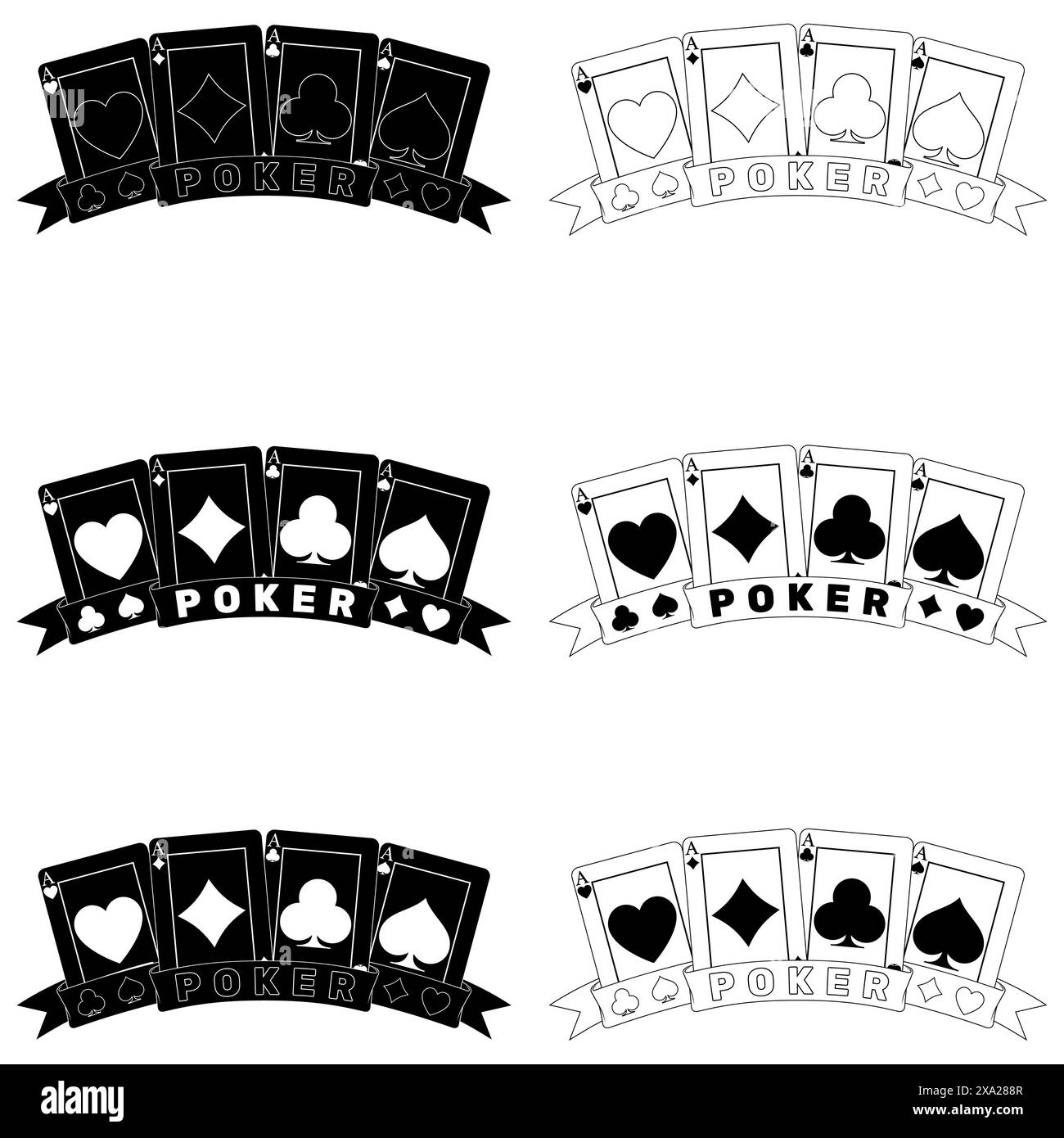 Vektordesign von Pokerkarten mit Bändern, Poker-Symbolen von Herz, Diamant, Klee und Ass Stock Vektor