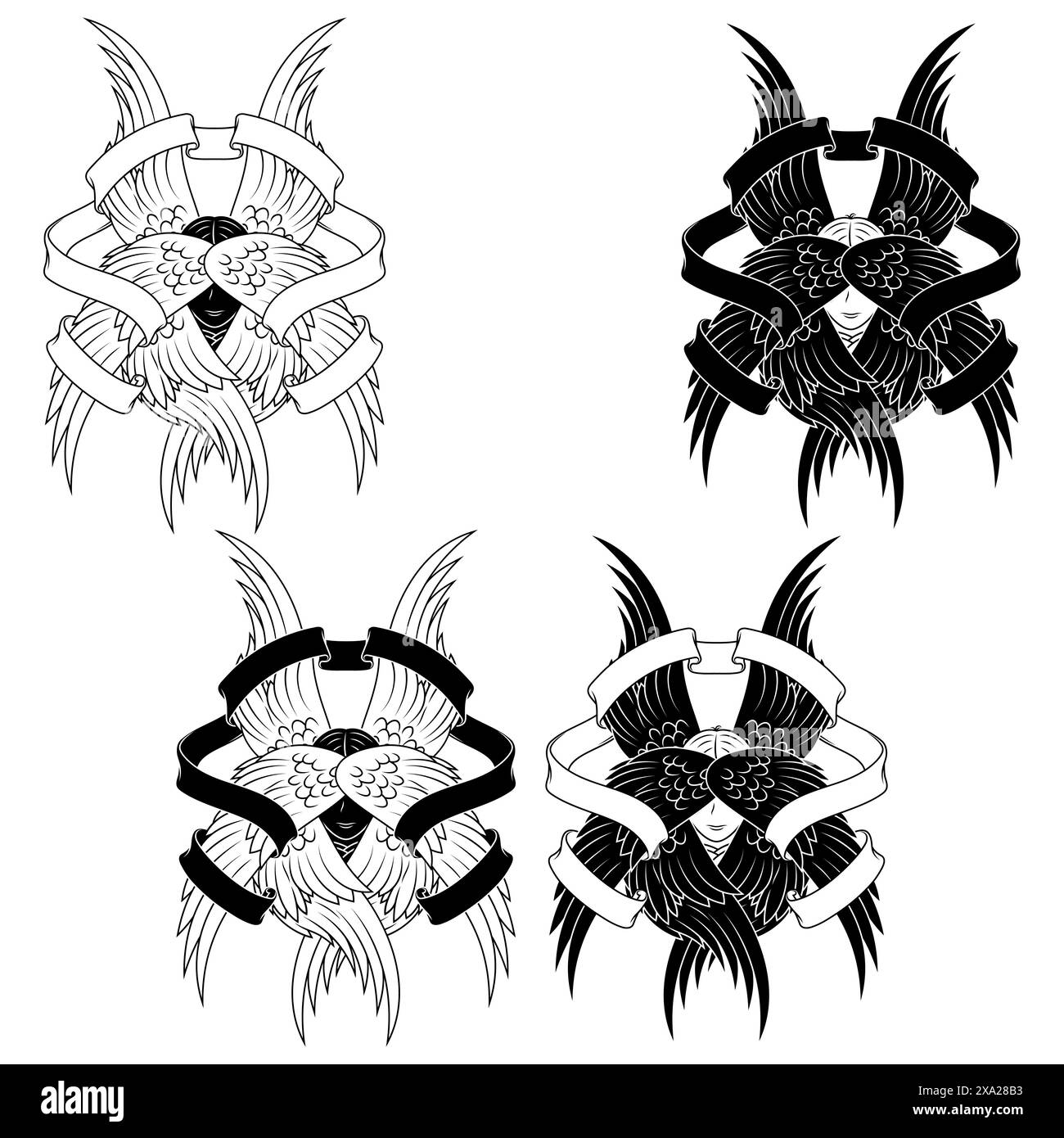 Vektordesign des Angels mit sechs Flügeln und Band, engelhaftes Gesicht der katholischen Religion, geflügelter Erzengel und umgeben von Himmelsrollen Stock Vektor