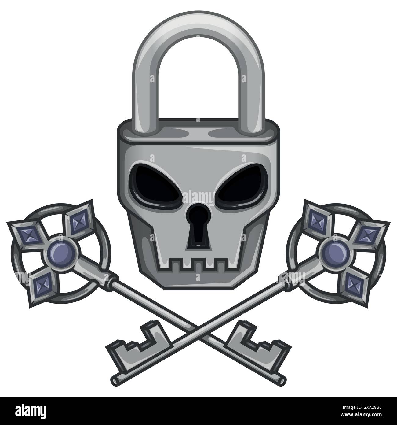 Vektordesign des schädelförmigen Vorhängeschlosses mit alten Schlüsseln, Vorhängeschloss mit satanischem Gesicht Stock Vektor