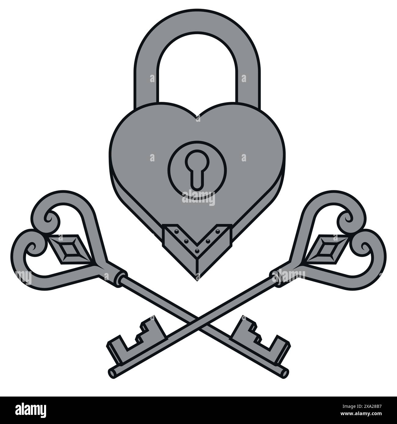 Vektordesign von Vorhängeschloss und Schlüsseln mit Herzform als Symbol der Liebe Stock Vektor