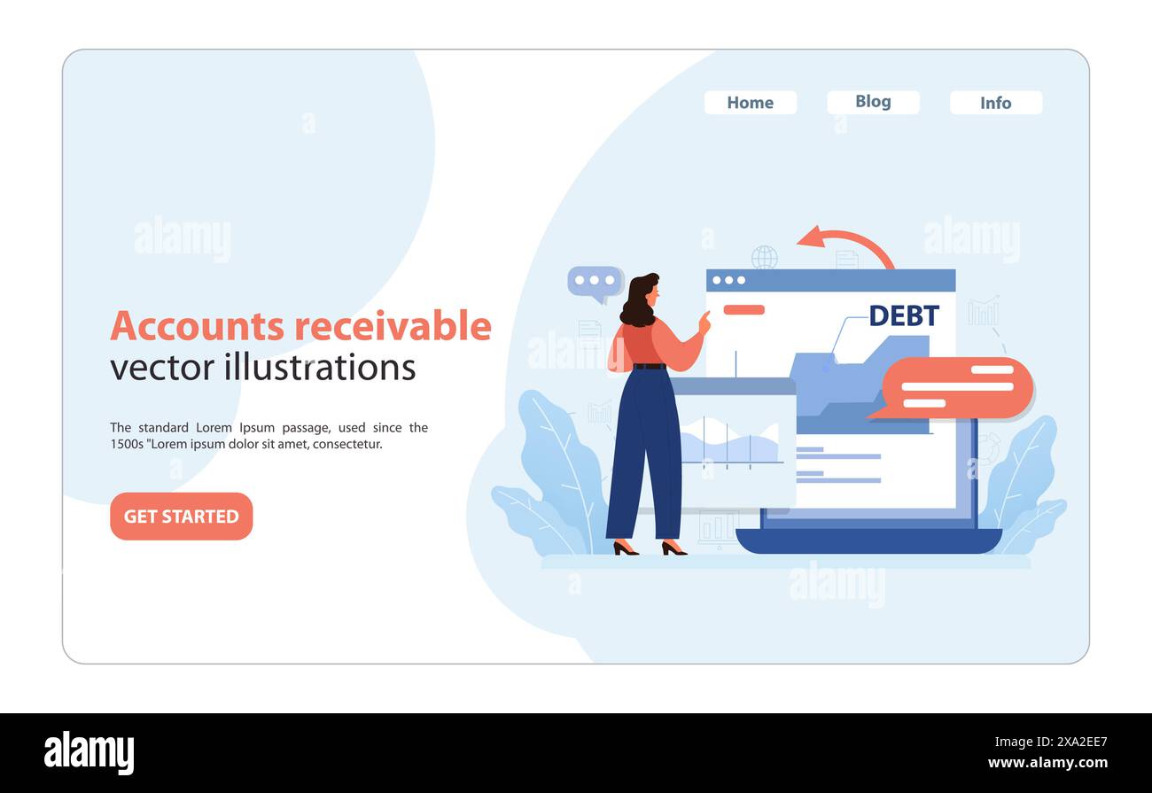 Debitorenvorgänge überwachen. Frau überprüft das digitale Dashboard mit Diagrammen, Rechnungen und Forderungsbenachrichtigungen. Finanzielle Schadenregulierung. Illustration des flachen Vektors. Stock Vektor