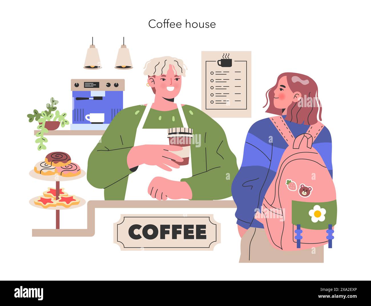 Cozy Coffee House Begegnung Ein Barista übergibt einem Gast eine frisch gebrühte Tasse in einer warmen und einladenden Atmosphäre im Café Vektor-Illustration Stock Vektor